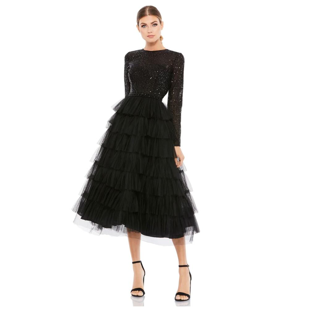 Mac Duggal Long Sleeve Sequin Top Ruffle Tiered Bottom Midi Dress Size 8